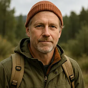 Profile picture of outdoorsy man with beanie and backpack